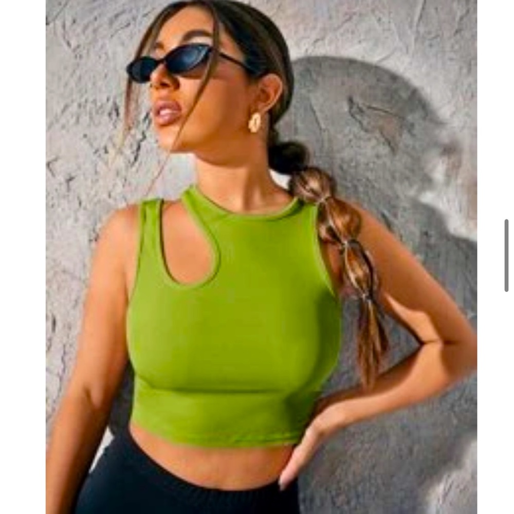 SHEIN Asymmetrical Neck Rib-knit Green Crop Top Size Medium (6)